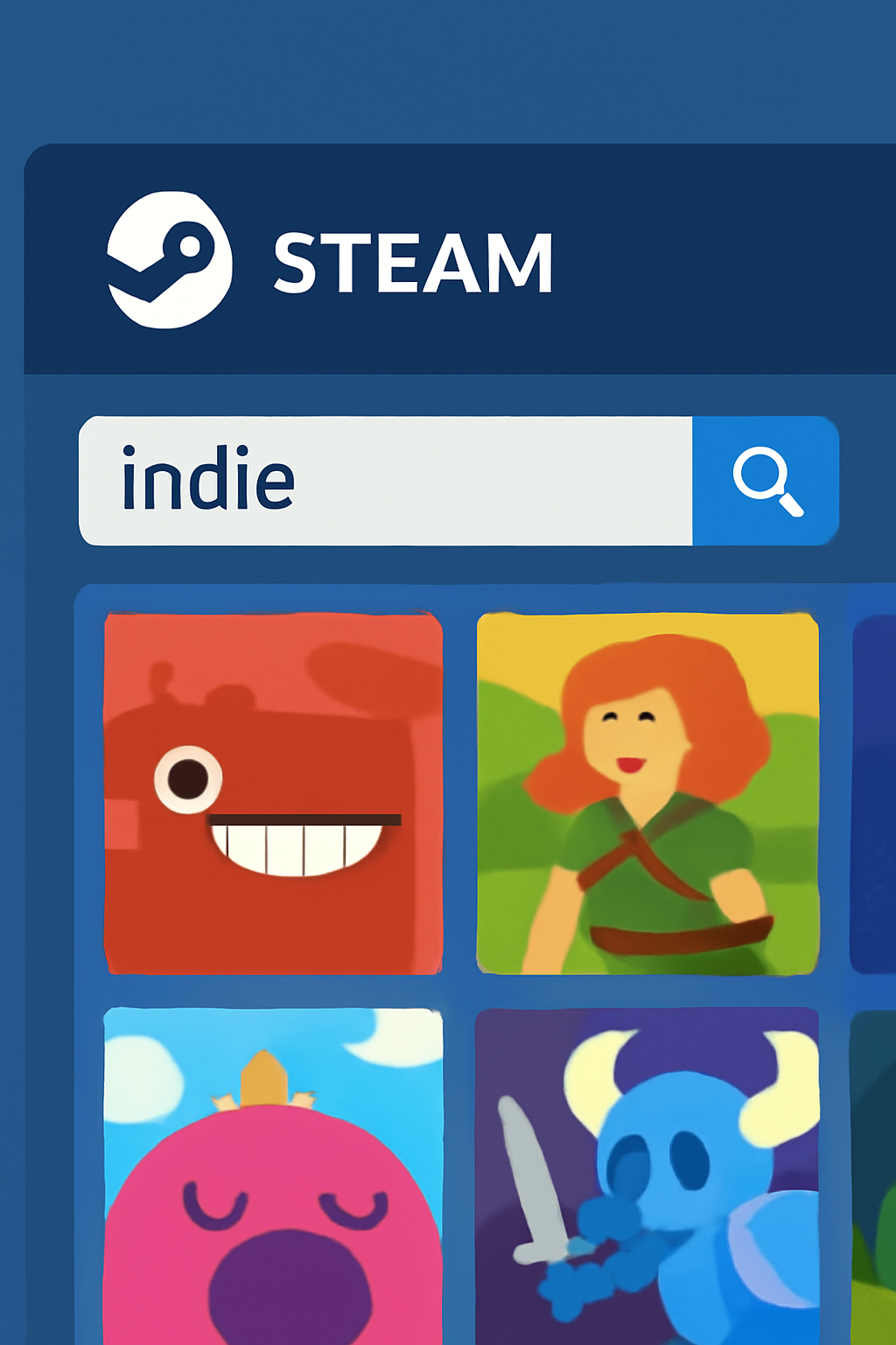A close-up of the Steam search bar being used to find an indie game, with colorful indie game cover art visible