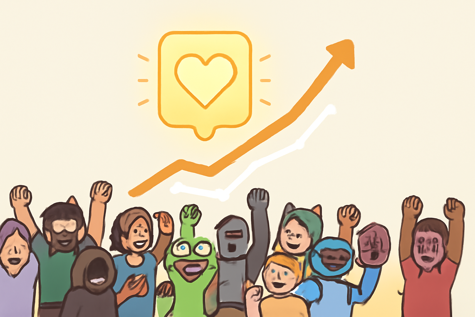 A cheering crowd of diverse indie game characters, with a rising graph and a glowing wishlist icon above them