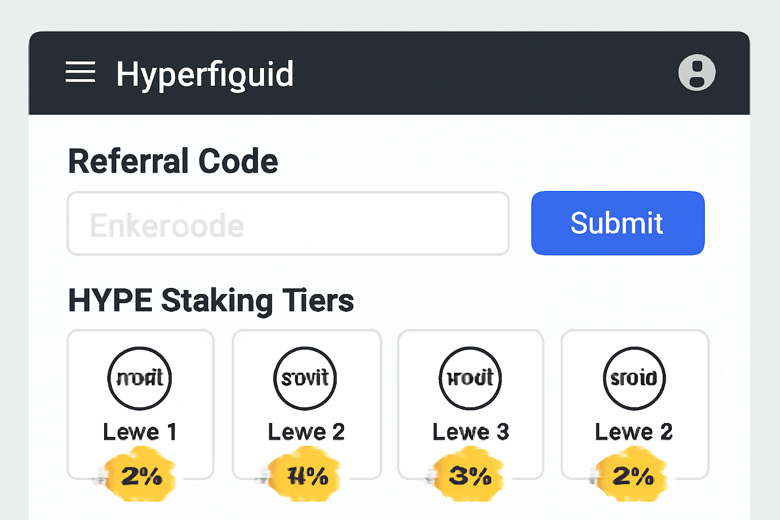 Hyperliquid dashboard showing referral code entry and HYPE staking tiers with discount badges