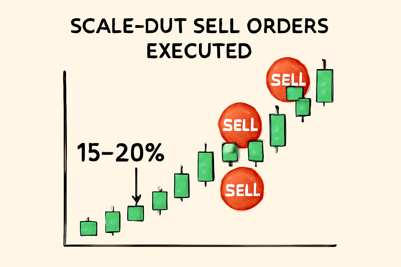 Trading chart showing 10-20% price move with scale-out sell orders executed