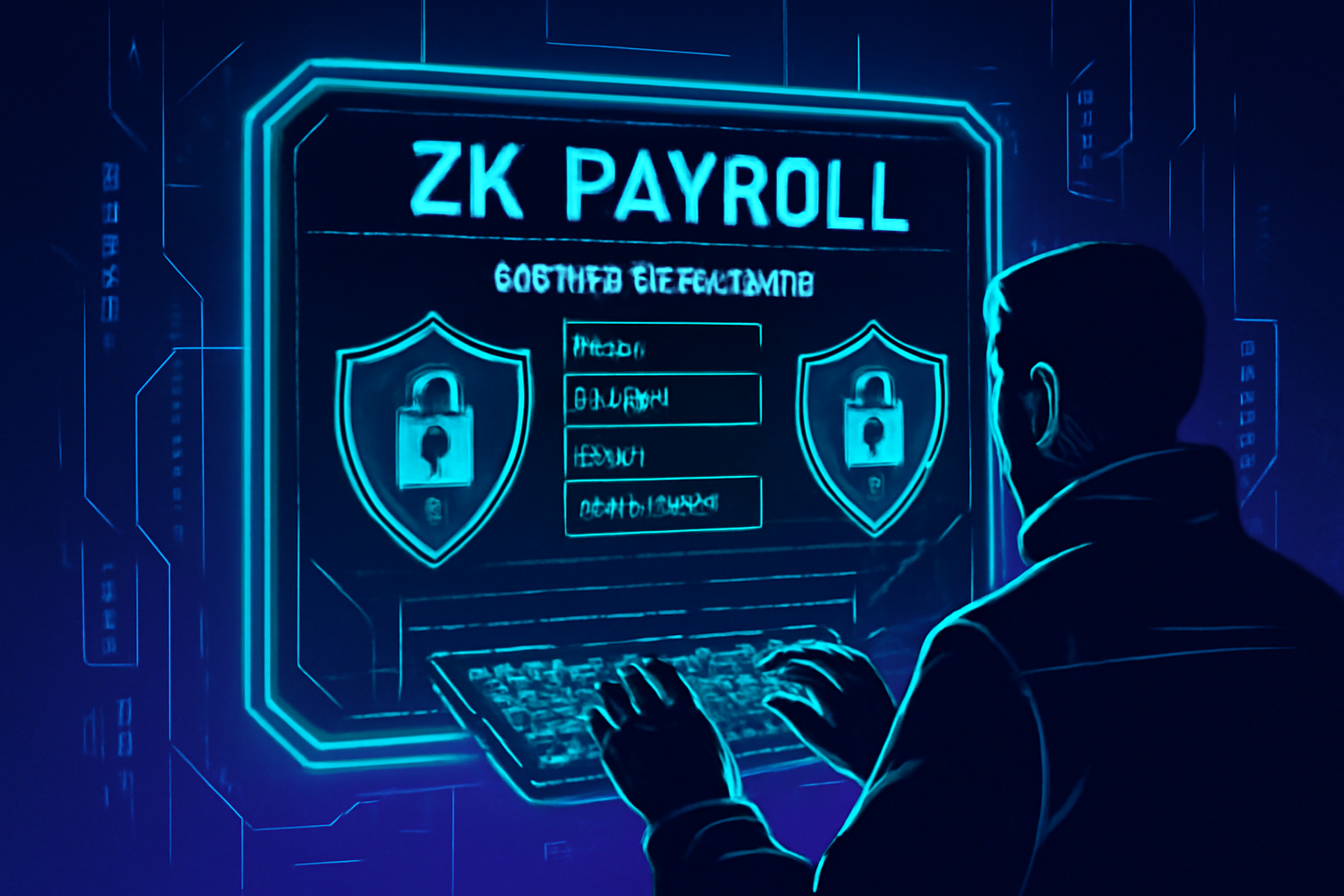 secure data input interface for ZK payroll, privacy shields, holographic displays, cyberpunk style