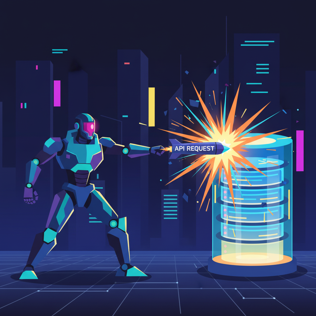 fierce AI robot launching missile-like API request at glowing server, cyberpunk style, explosive energy