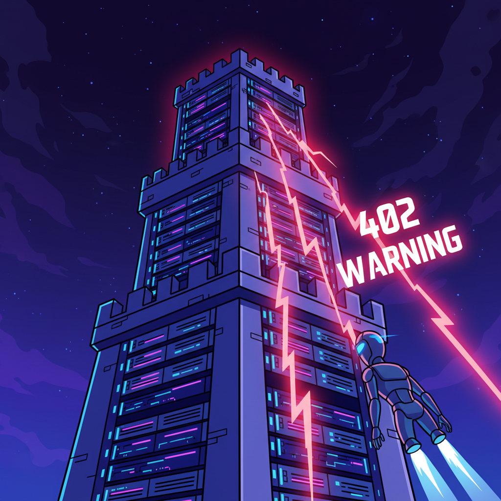 massive server fortress firing red 402 warning lightning at incoming AI agent, dramatic neon glow
