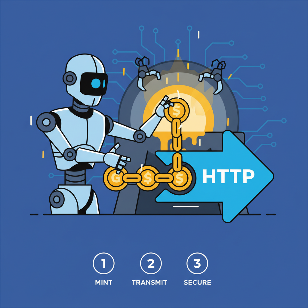 AI agent forging golden stablecoin chains embedding into HTTP arrow, futuristic forge scene