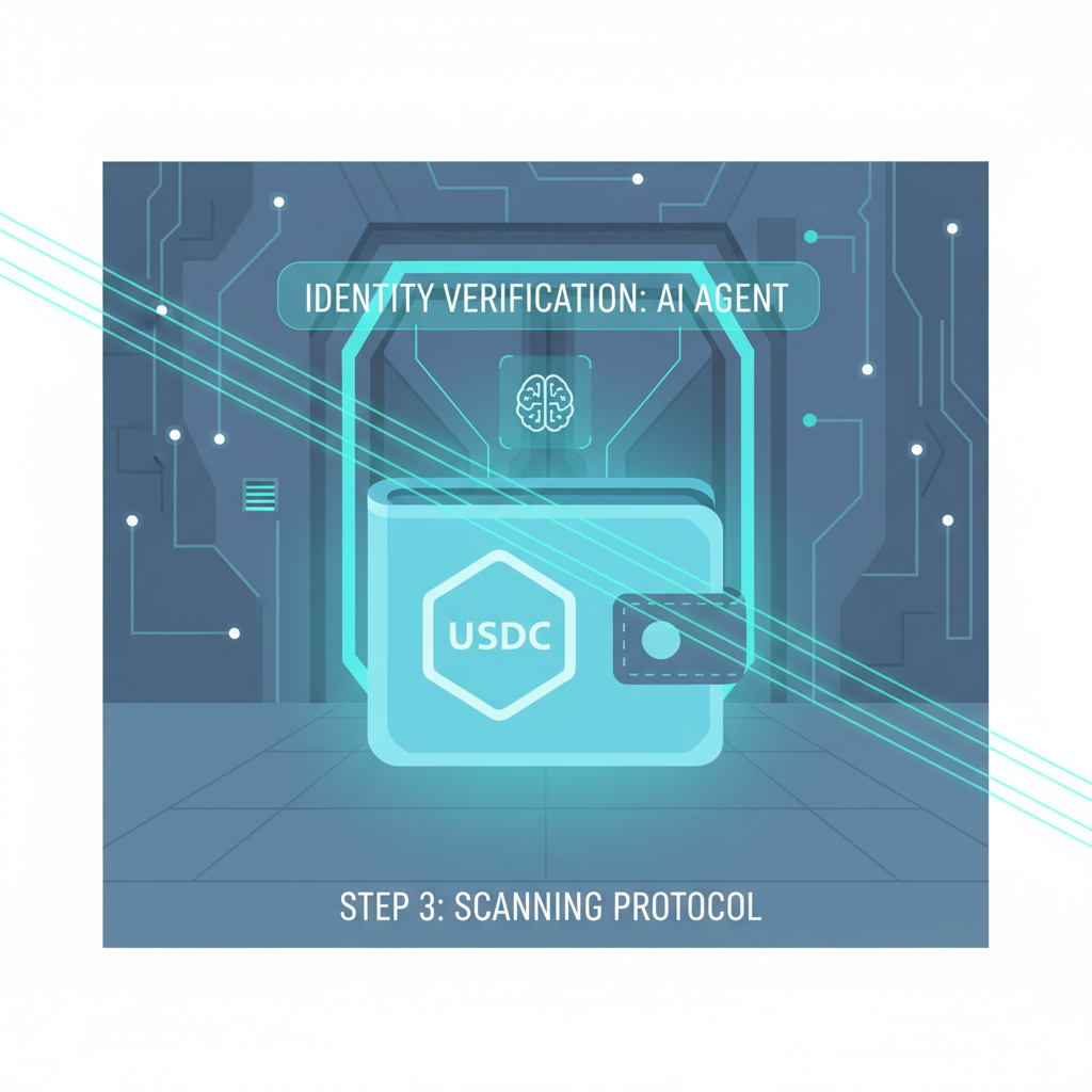 scanning laser beams verifying AI agent identity on glowing USDC wallet, high-tech security vault