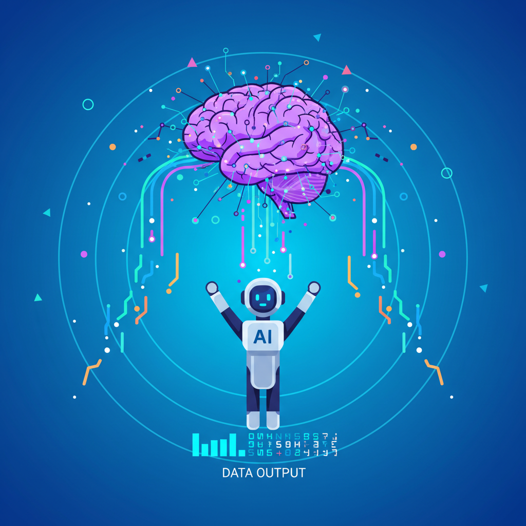 exploding brain neural network outputting data stream to triumphant AI agent, vibrant particles