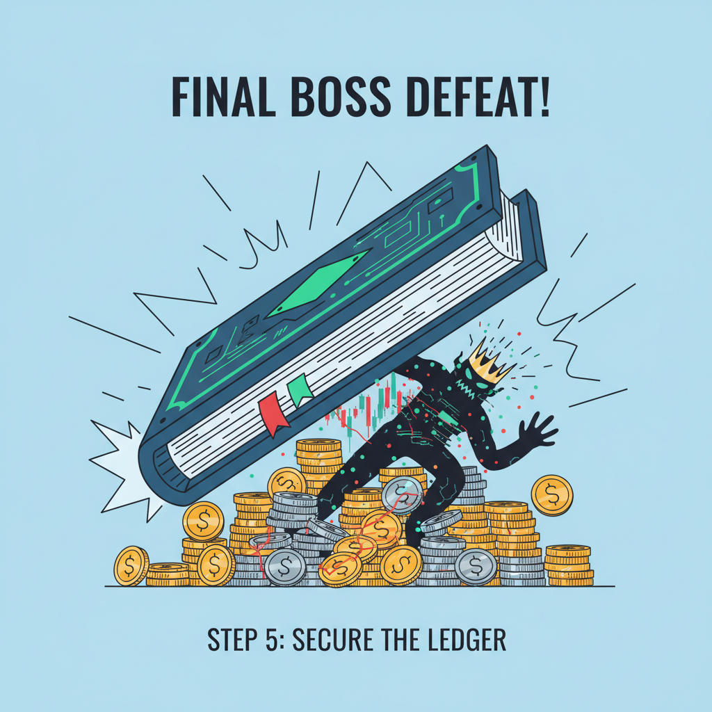 blockchain ledger slamming shut on stack of stablecoin batches, epic final boss defeat