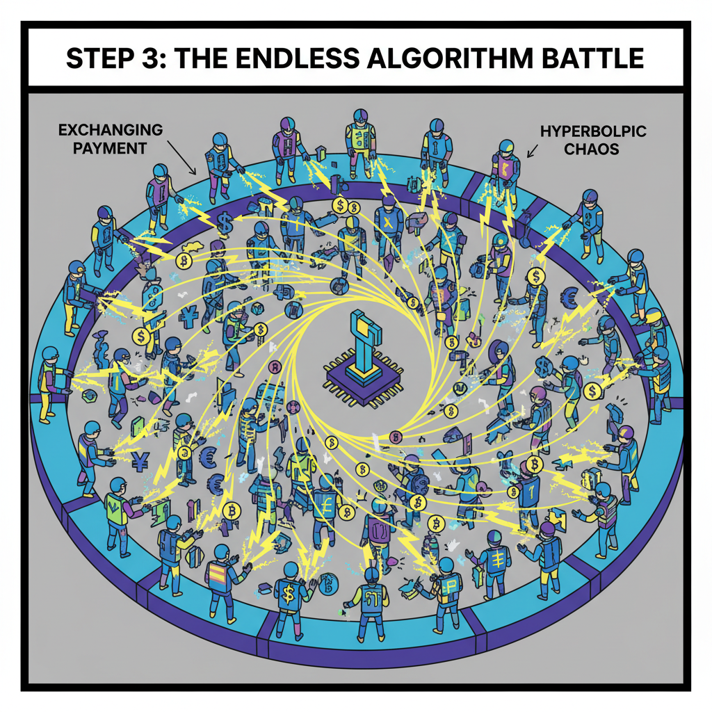 army of AI agents in battle arena exchanging payment lightning bolts endlessly, hyperbolic chaos