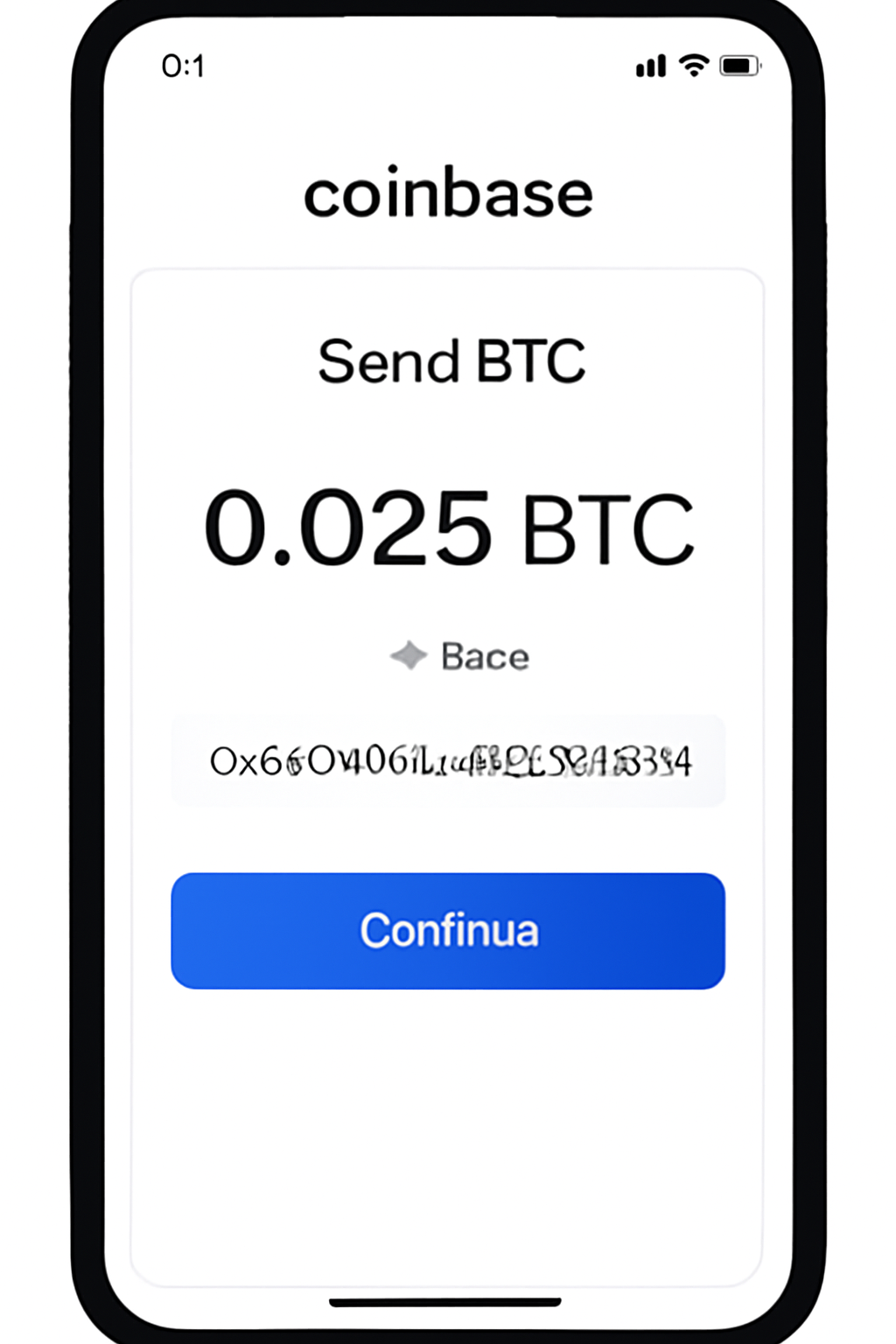 screenshot Coinbase app sending BTC to Base wallet address