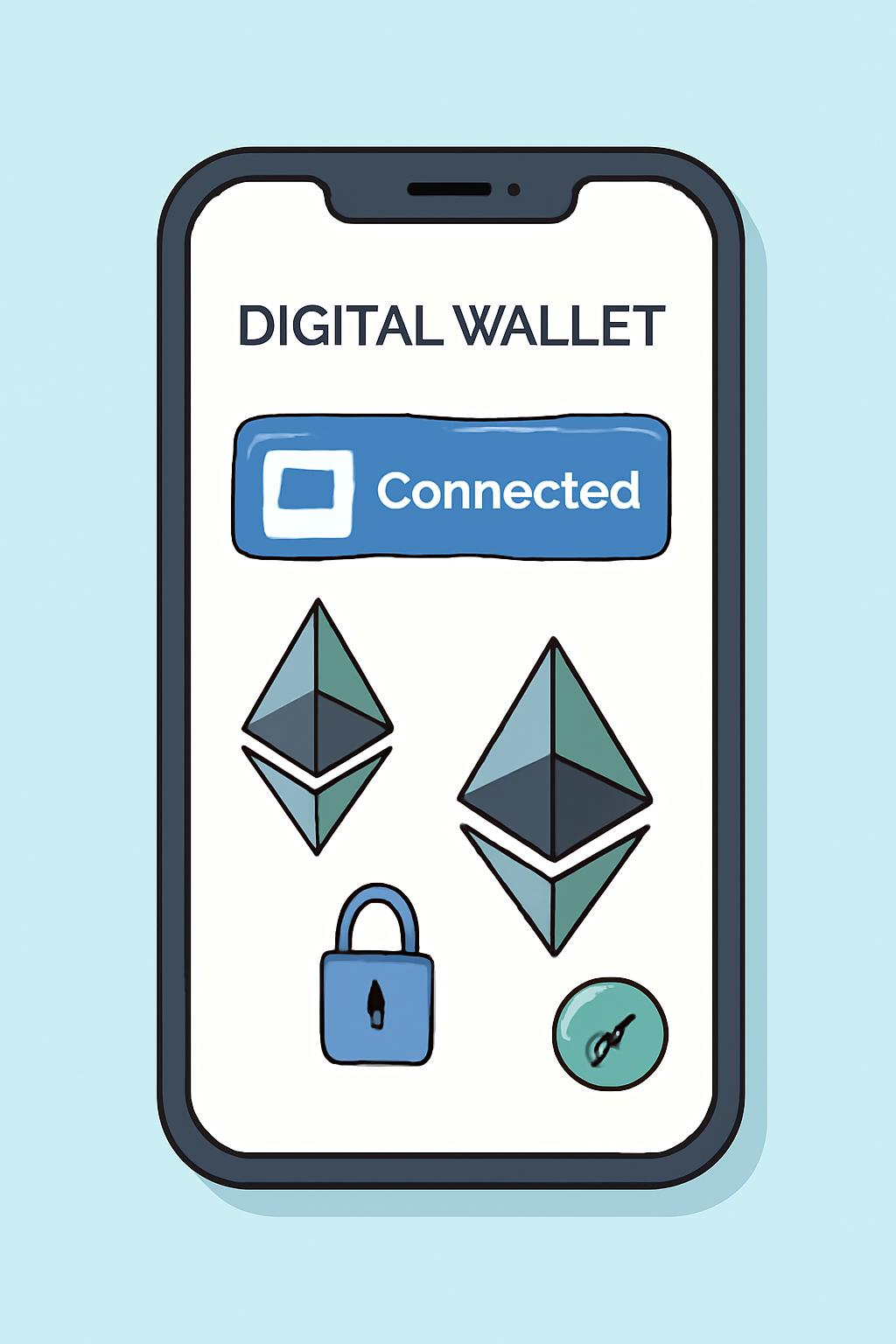 A digital wallet interface on a smartphone, showing connection to a social media app, with Ethereum logos and secure connection symbols.