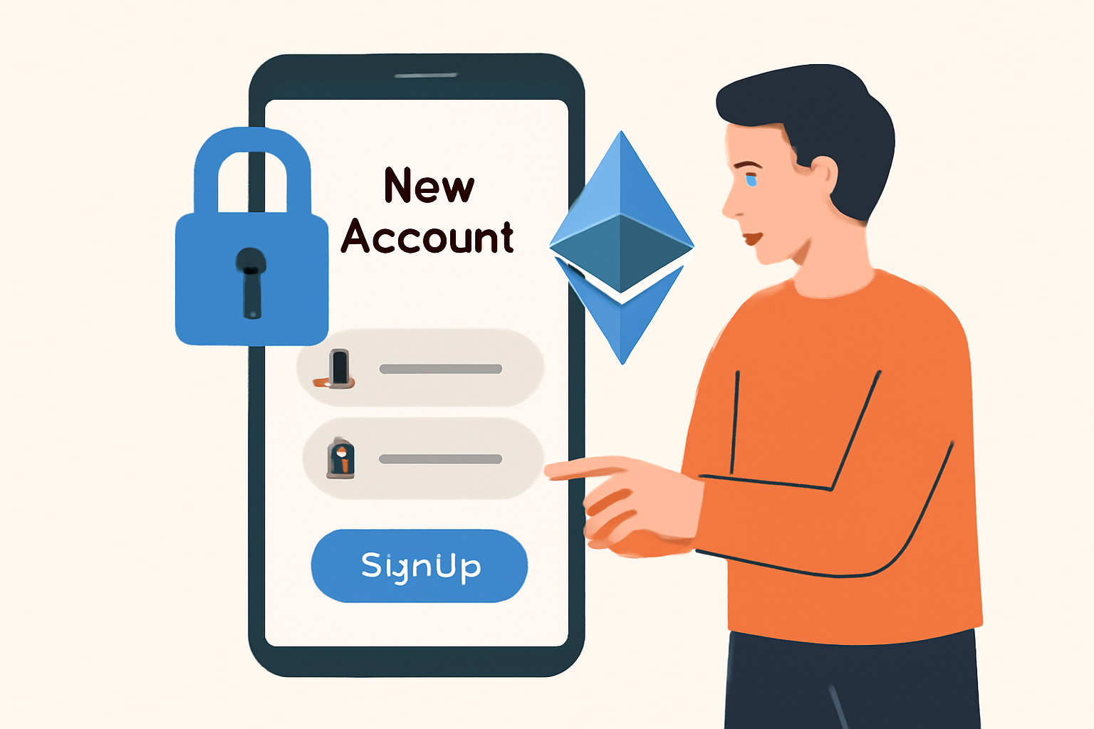 A user setting up a new account on a mobile app, with a digital lock and an Ethereum symbol, emphasizing security and blockchain.