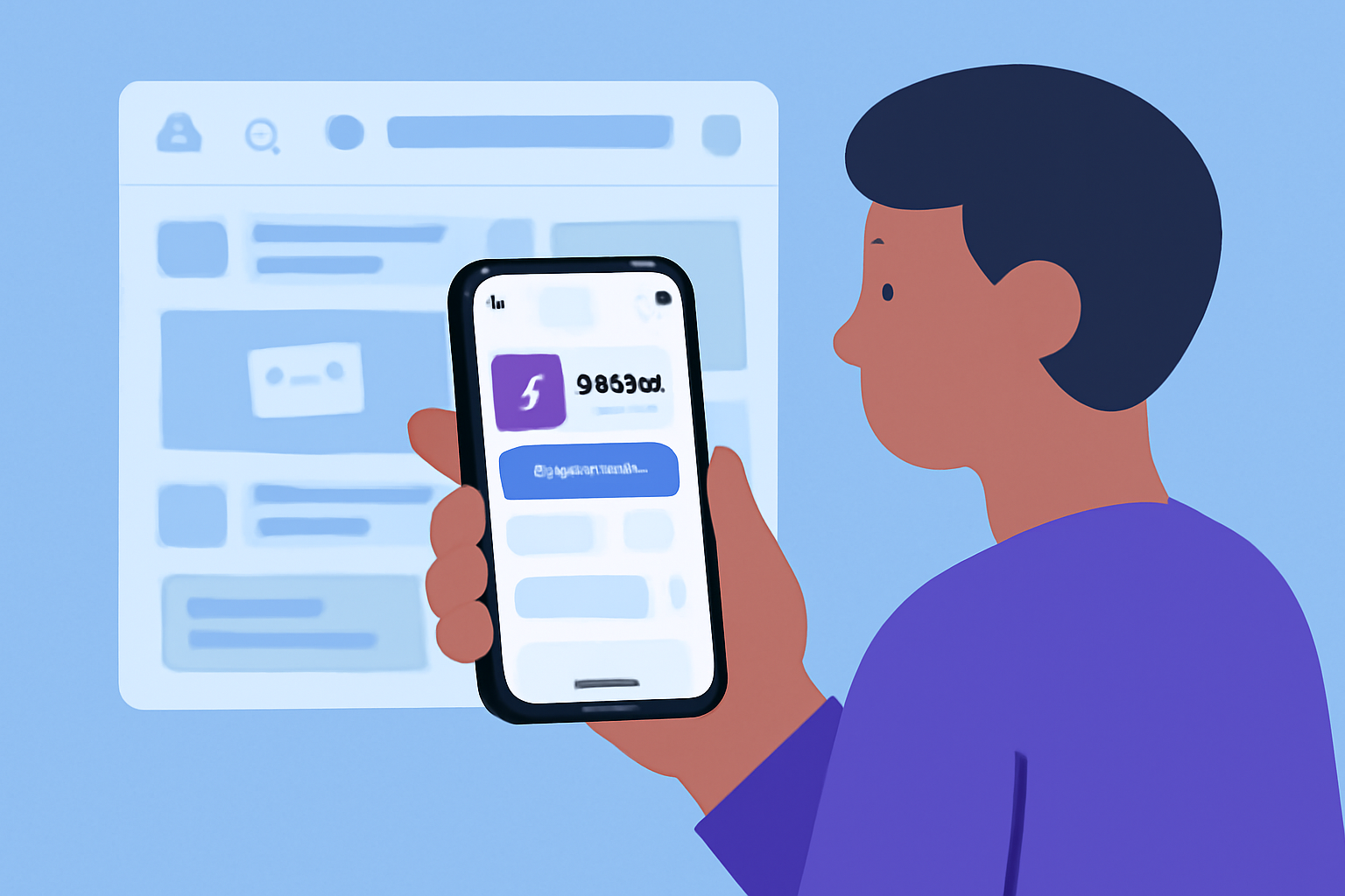 A person holding a smartphone, downloading the Warpcast app from an app store, with a futuristic social network interface in the background.