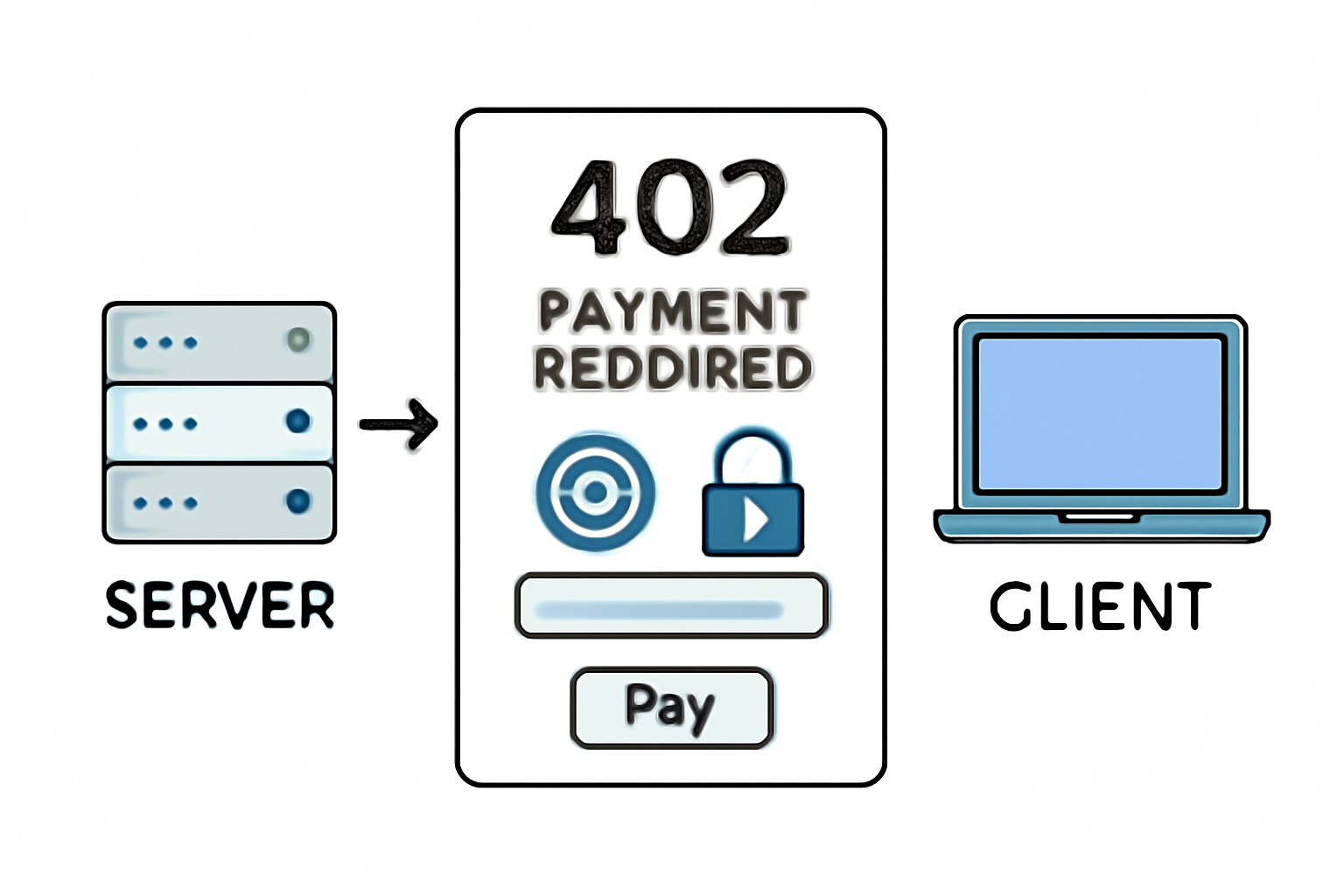 A server responding to a client with an HTTP 402 status, displaying payment details and instructions, with a lock symbol and USDC logo.