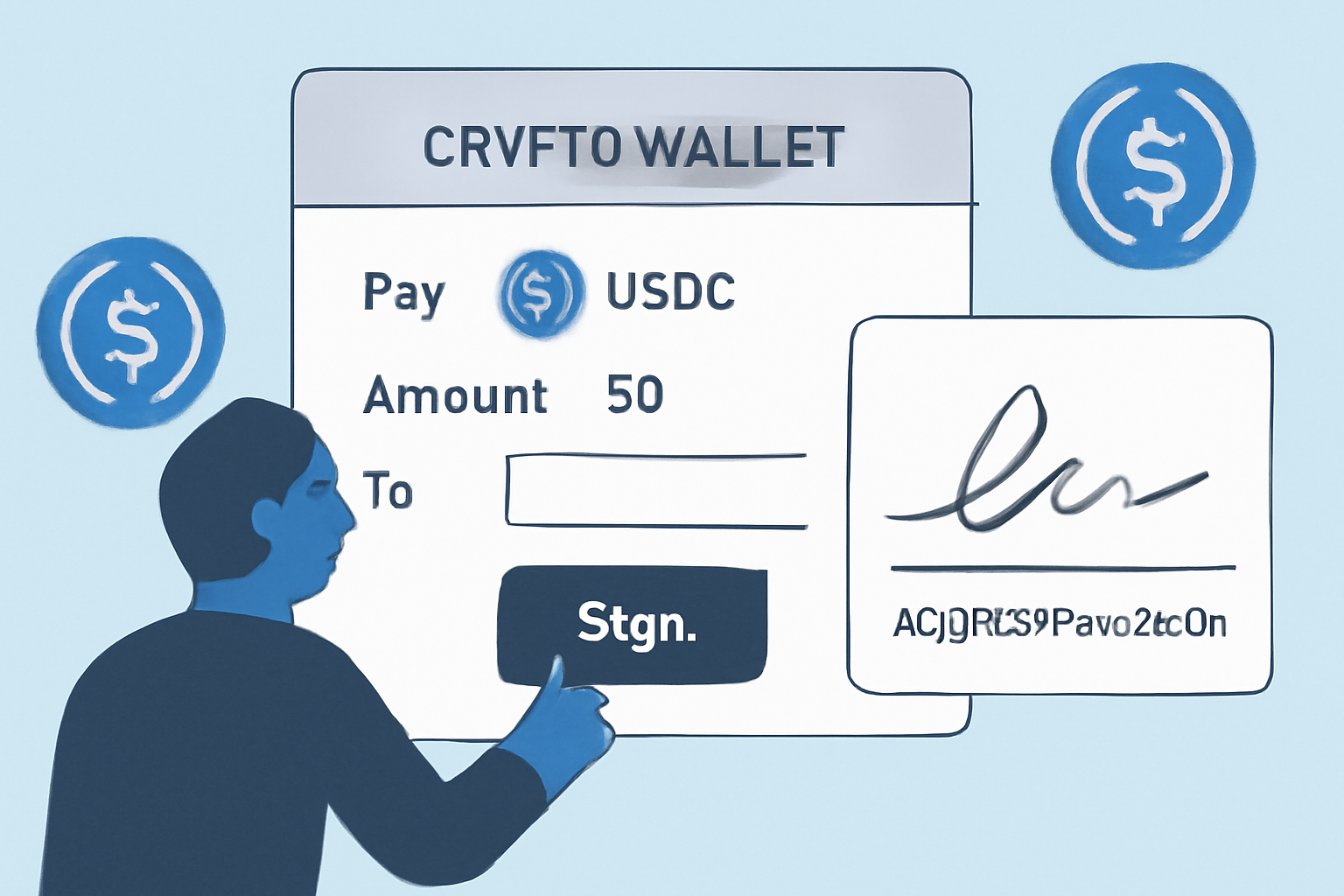 A user or AI agent interacting with a crypto wallet interface, preparing and signing a payment payload, with USDC icons and digital signature visuals.