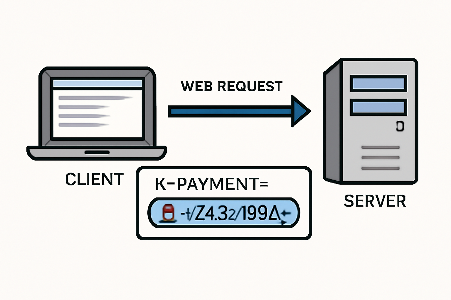 A web request being sent with a visible 'X-PAYMENT' header, showing cryptographic data attached, moving from client to server.