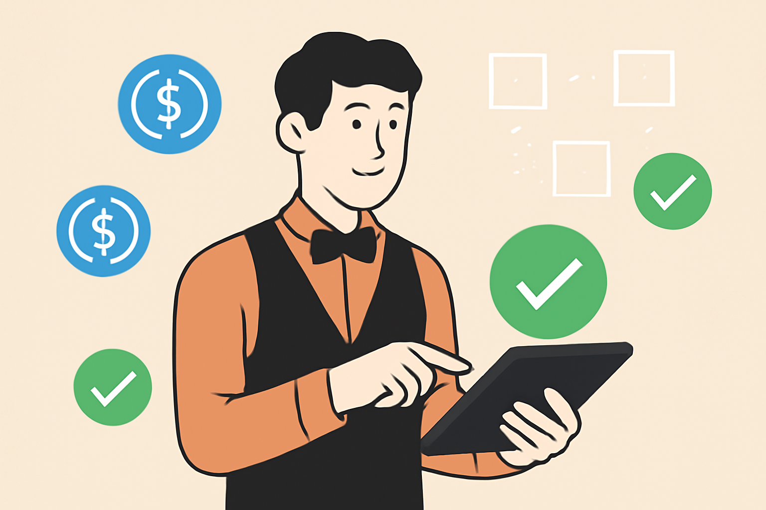 A server or facilitator validating a crypto payment on-chain, with blockchain symbols, checkmarks, and USDC tokens.
