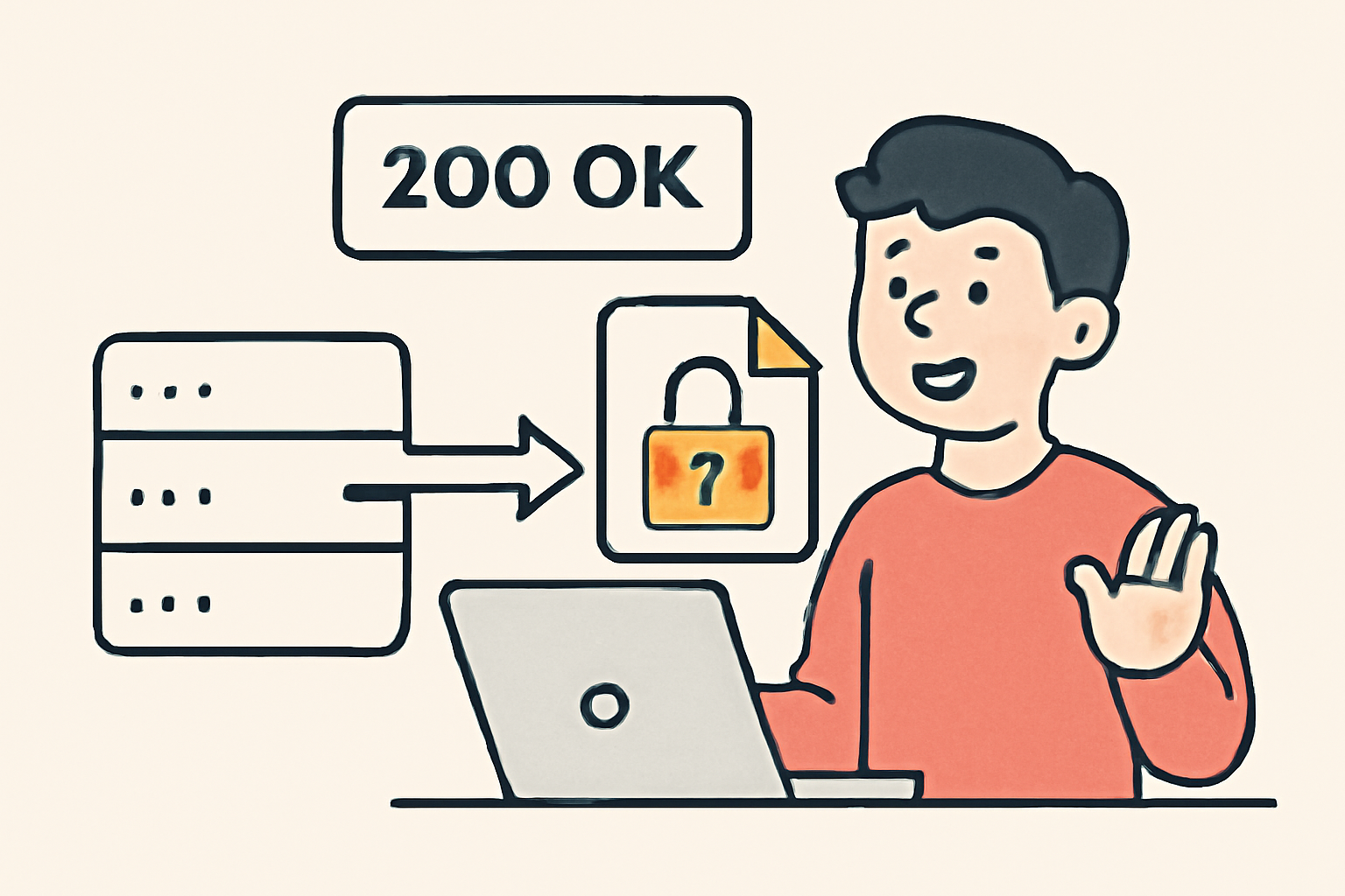 A happy client receiving digital content or API data from the server, with a '200 OK' message and unlocked resource imagery.