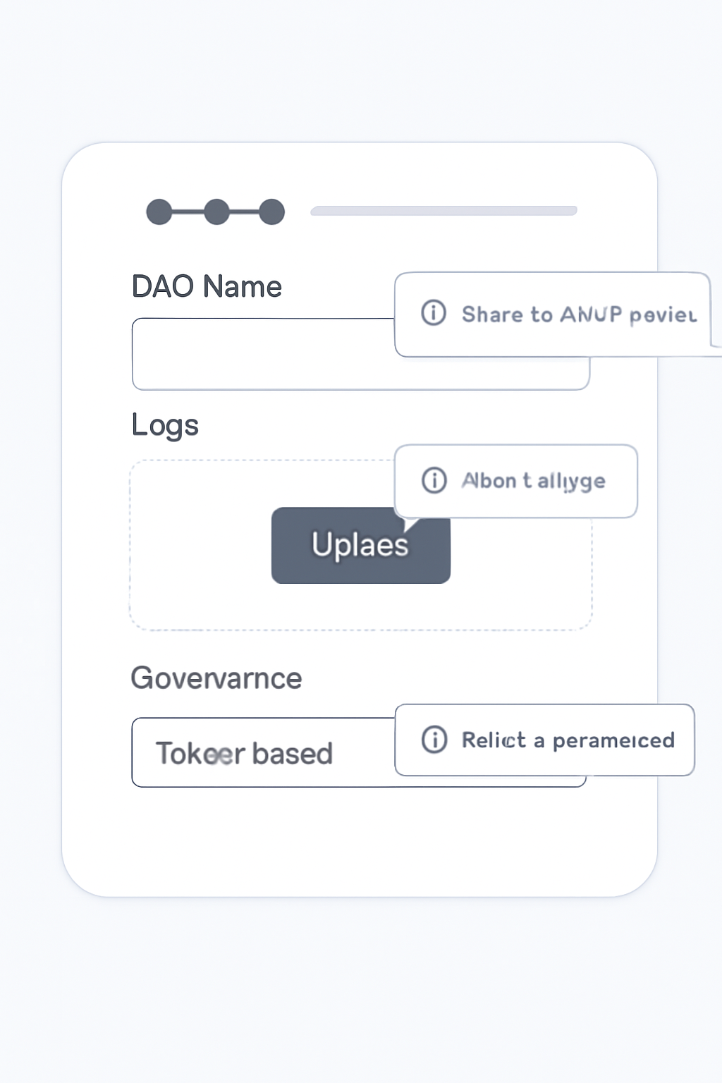 A form page where a user fills in the DAO name, uploads a logo, and selects governance settings, with tooltips and progress indicators.
