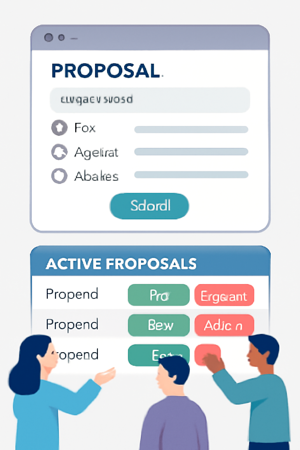 A proposal creation screen with multiple voting options and a list of active proposals, with users casting votes.
