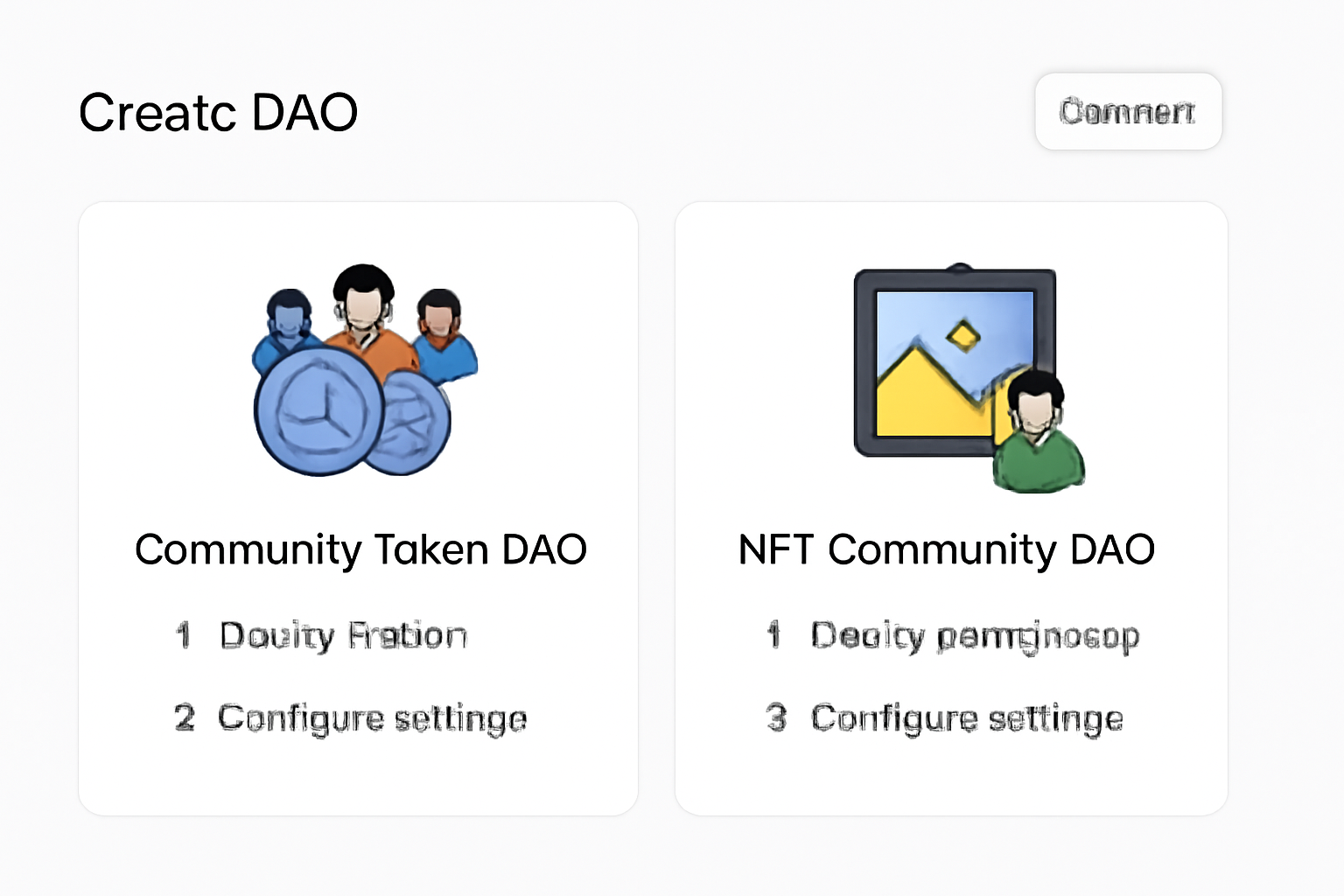 A dashboard with options for creating a Community Token DAO or NFT Community DAO, with clear, modern UI elements.