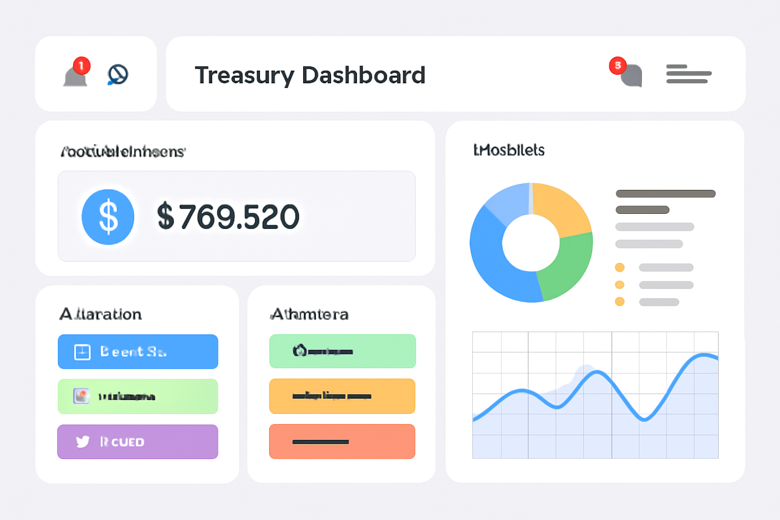 A treasury dashboard displaying asset balances, allocation options, and analytics charts, with notification icons.