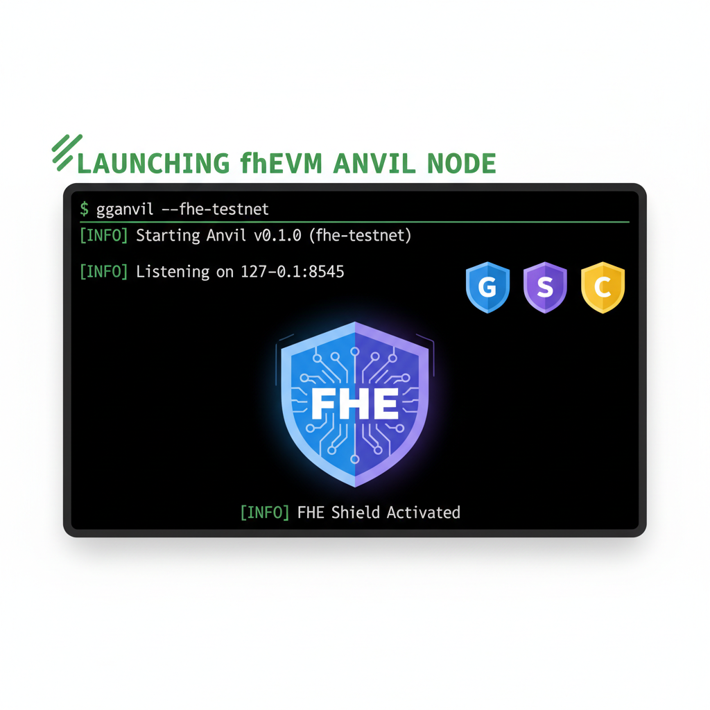 terminal screen launching fhEVM Anvil node, Ethereum testnet icons, FHE shield logo