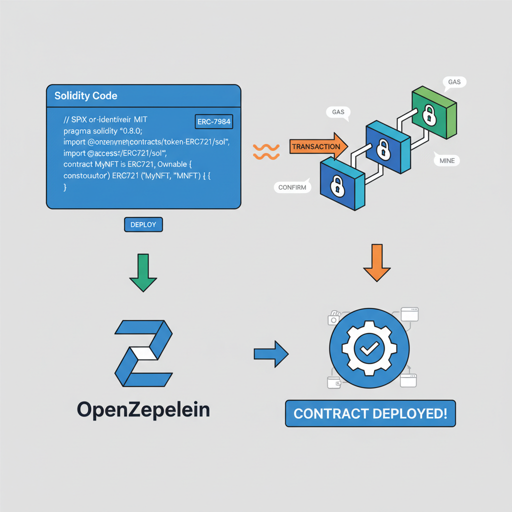 Solidity code deploying ERC-7984 contract, blockchain deployment animation, OpenZeppelin logo