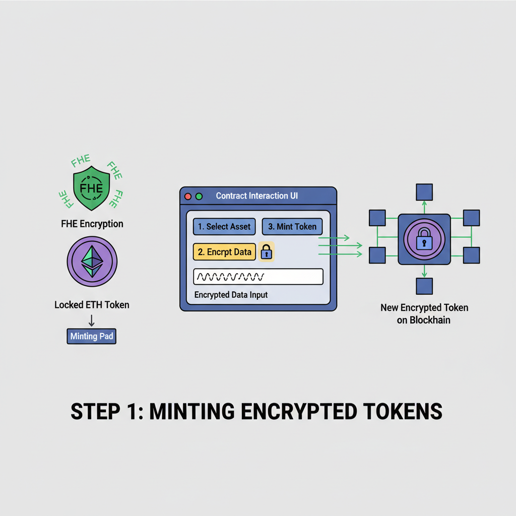 minting padlocked Ethereum tokens, FHE encryption visualization, contract interaction UI