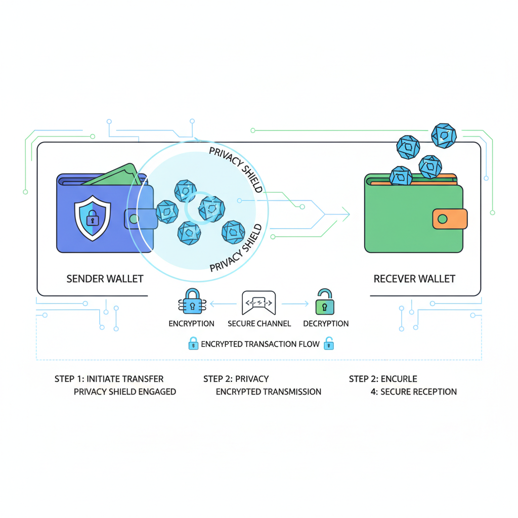 two wallets with privacy shield transferring locked coins, encrypted transaction flow diagram
