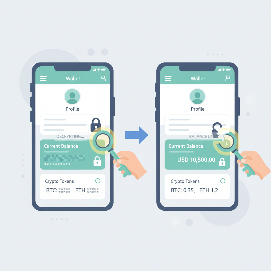 wallet app decrypting balance with key, padlock opening on token amount display, user privacy UI