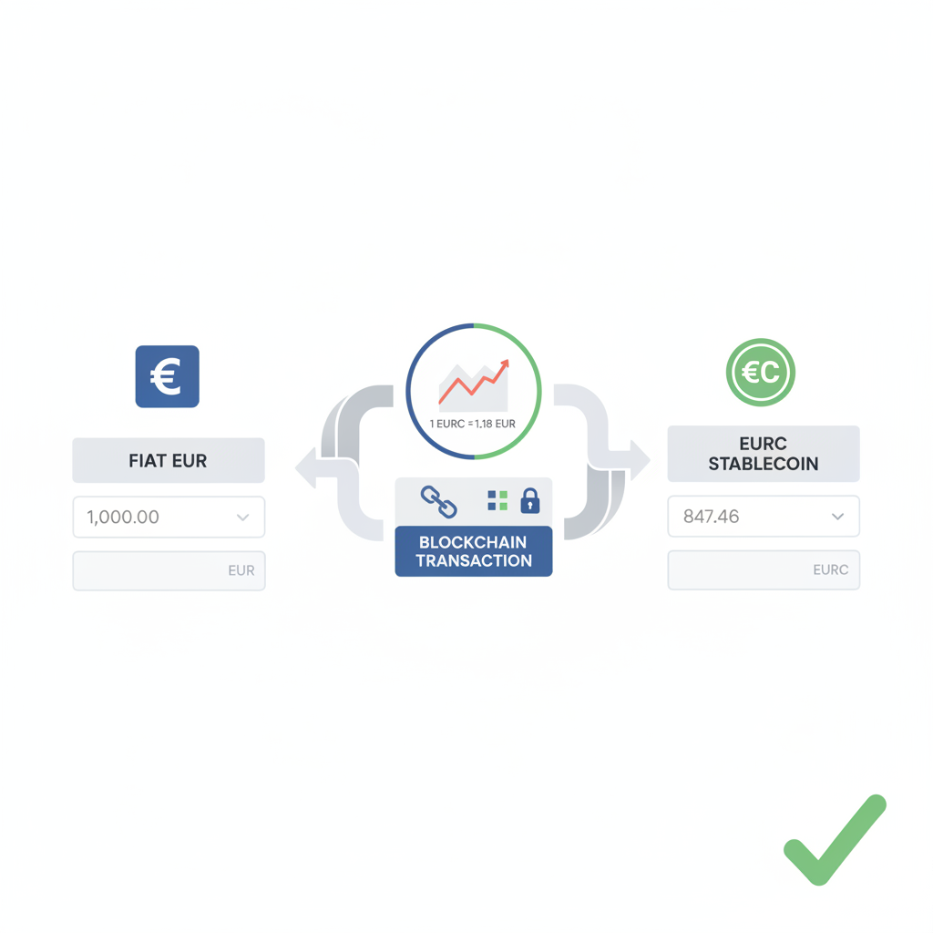 conversion interface fiat EUR to EURC stablecoin at $1.18 price chart blockchain transaction arrow smooth professional lighting