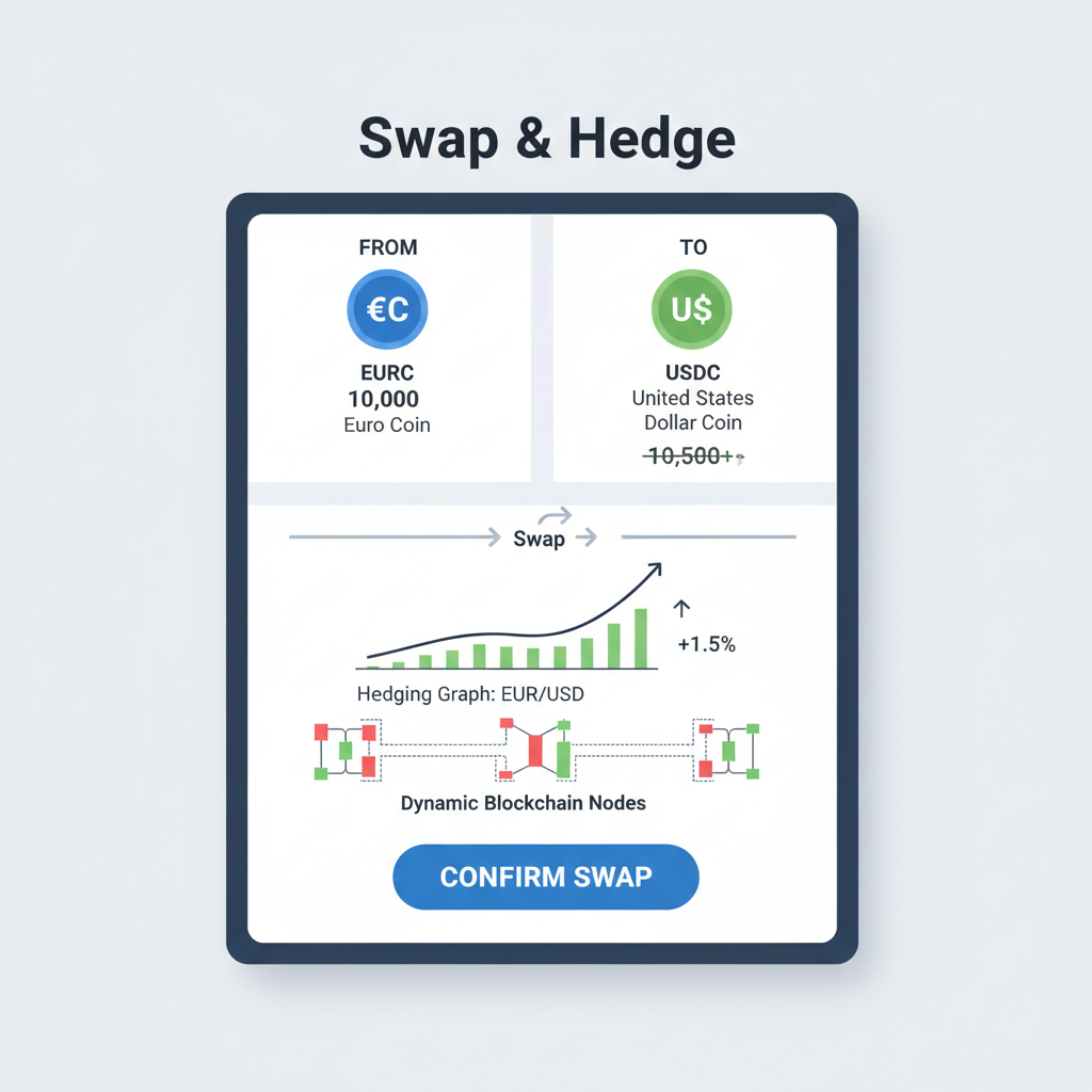 multi-currency wallet swap screen EURC to USDC hedging graph rising euro usd charts dynamic blockchain nodes sophisticated
