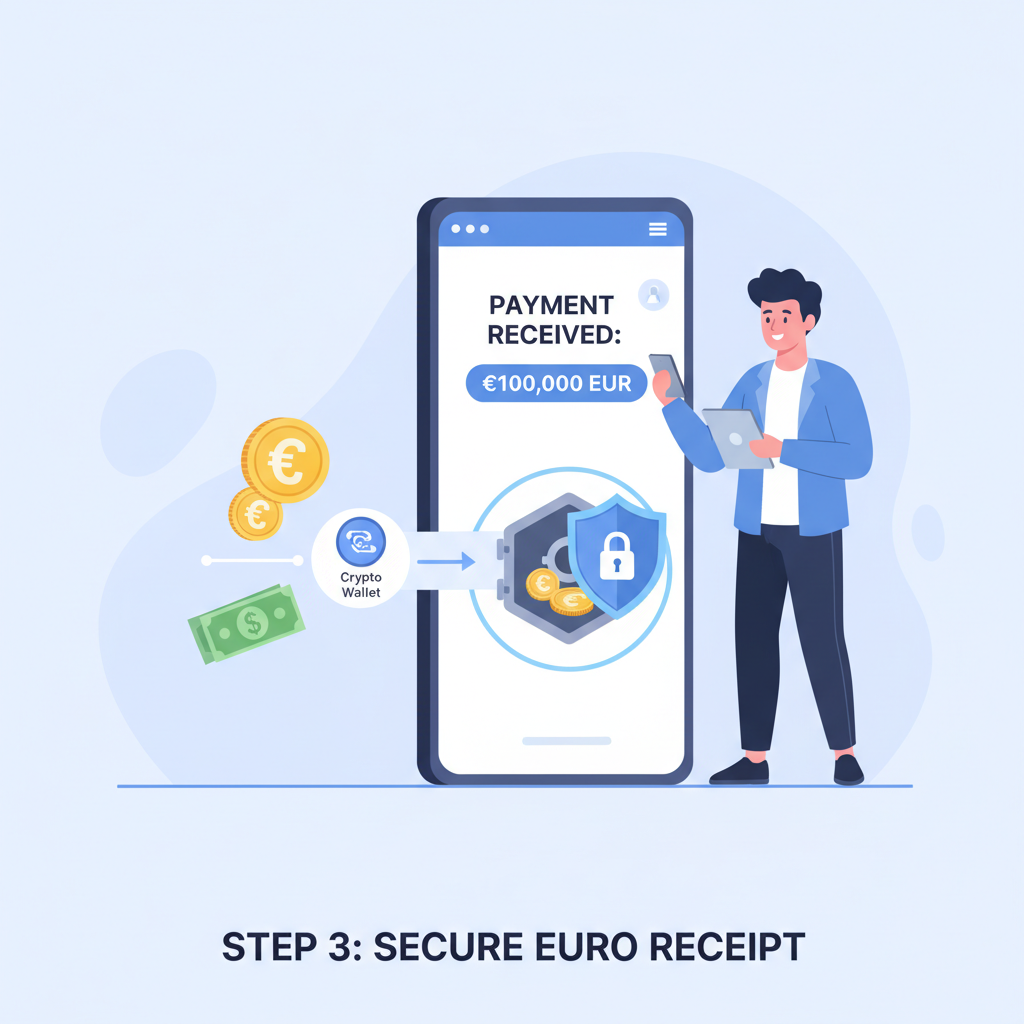 exporter receiving euro payment notification on bank app connected to crypto wallet icons euros flowing into digital vault secure professional