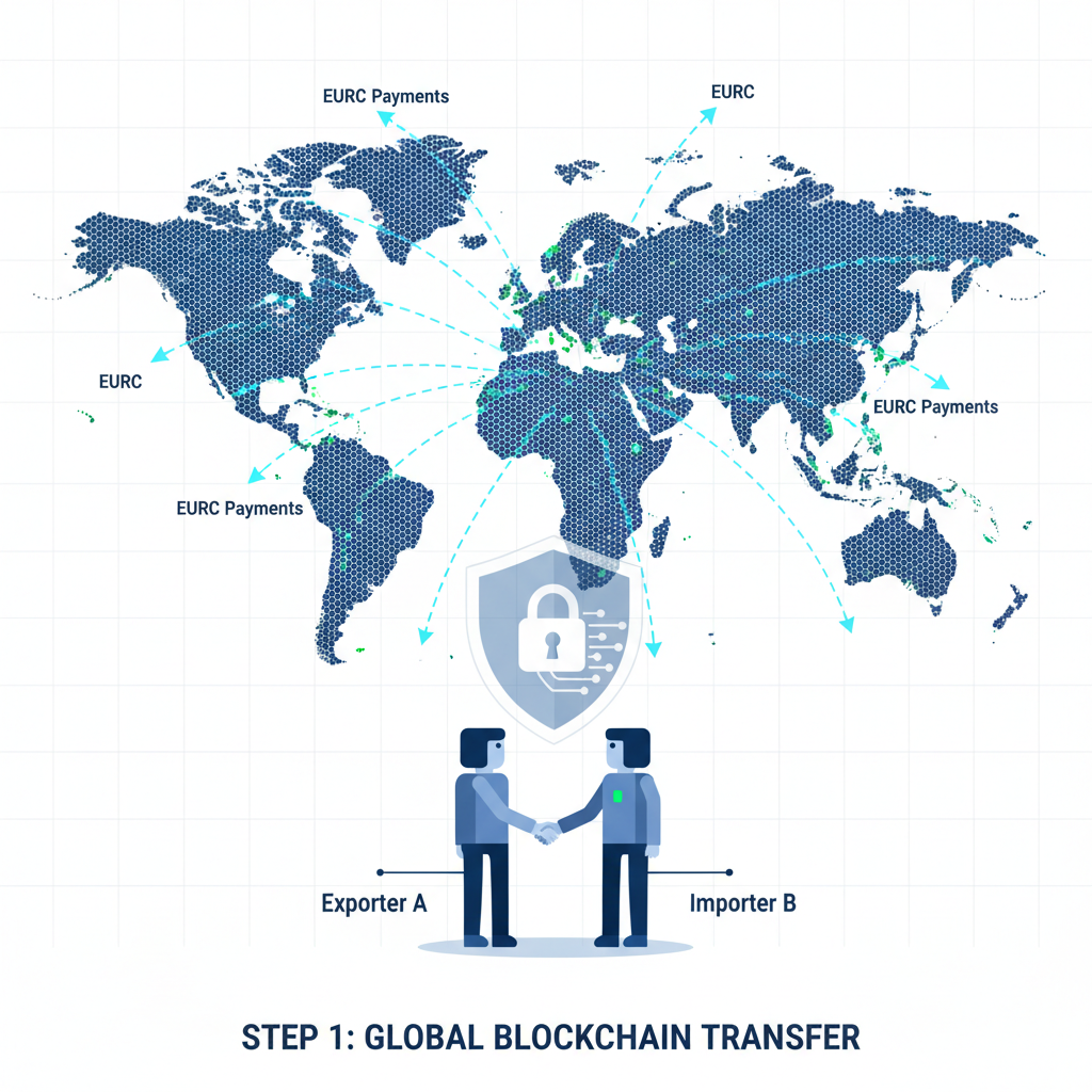 global map blockchain transfers EURC payments to world destinations fast arrows exporters shaking hands digital secure futuristic