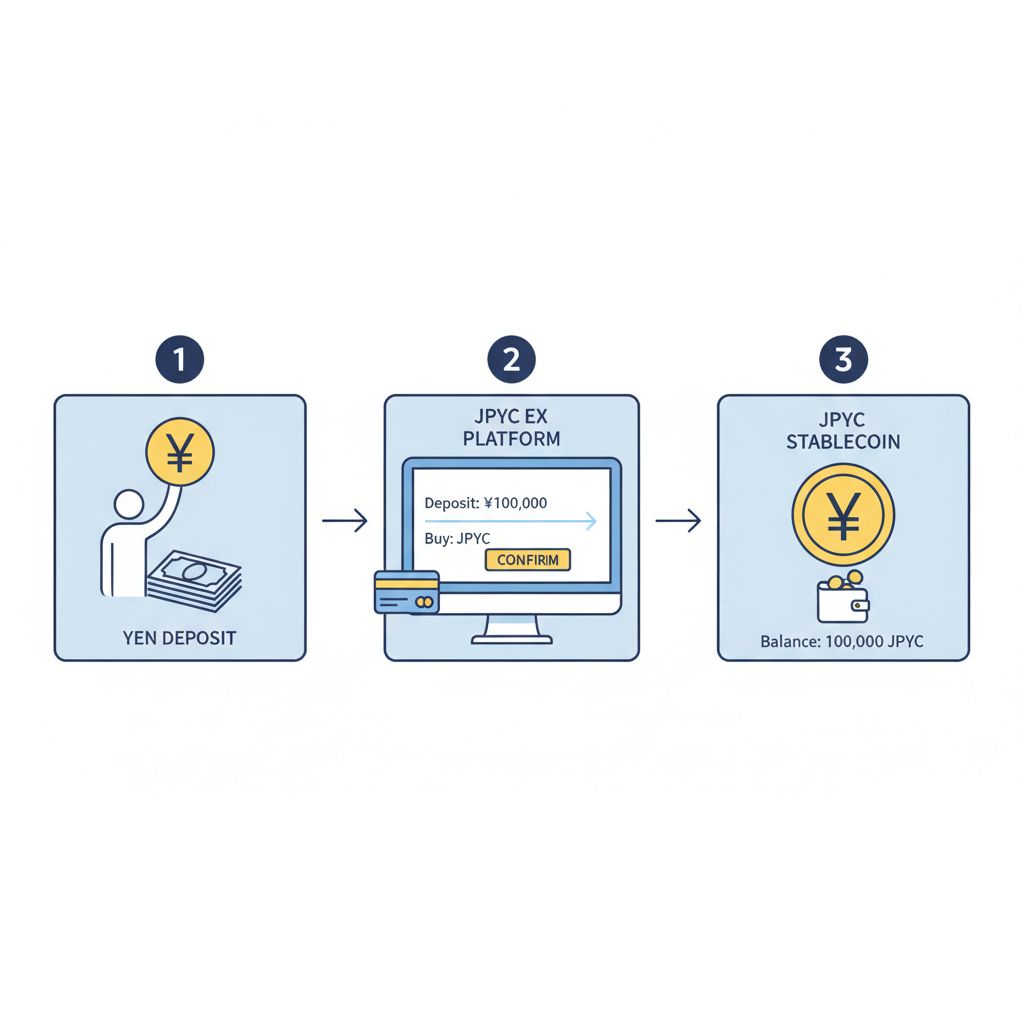 clean illustration of buying JPYC stablecoin on JPYC EX platform with yen deposit