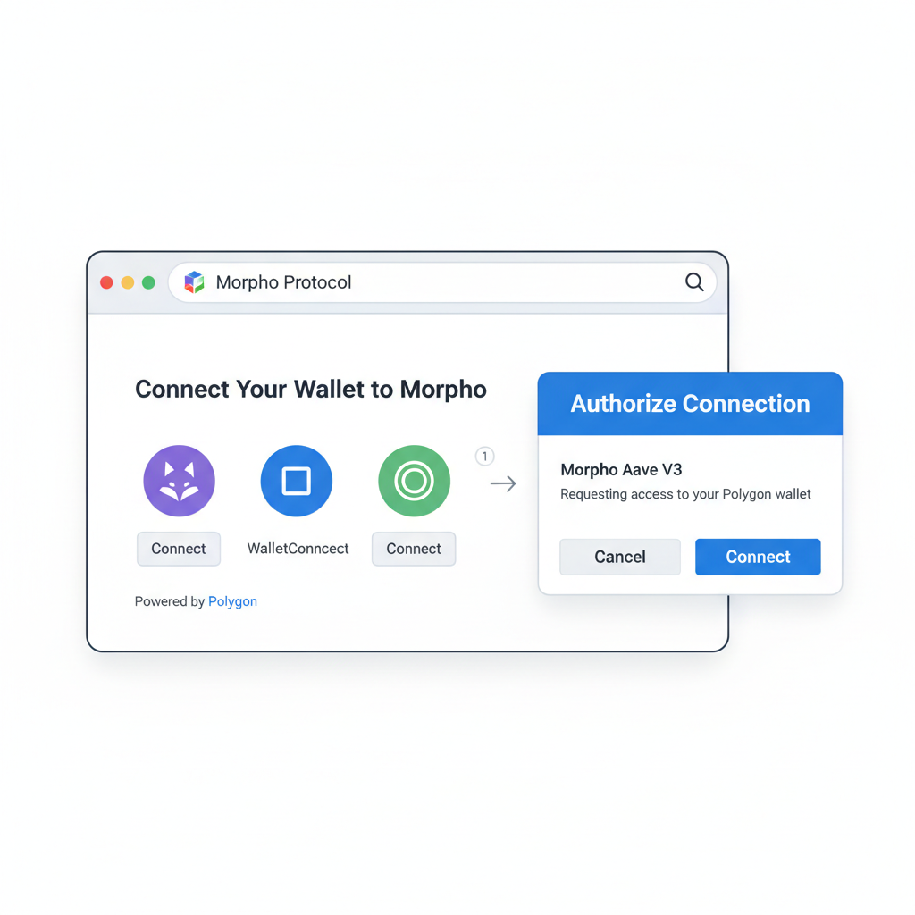 minimalist UI screenshot style of connecting wallet to Morpho lending protocol on Polygon
