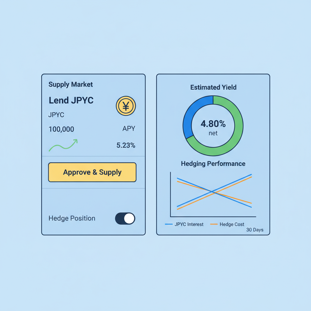 illustration of lending JPYC on Morpho dashboard showing yield and hedging graphs