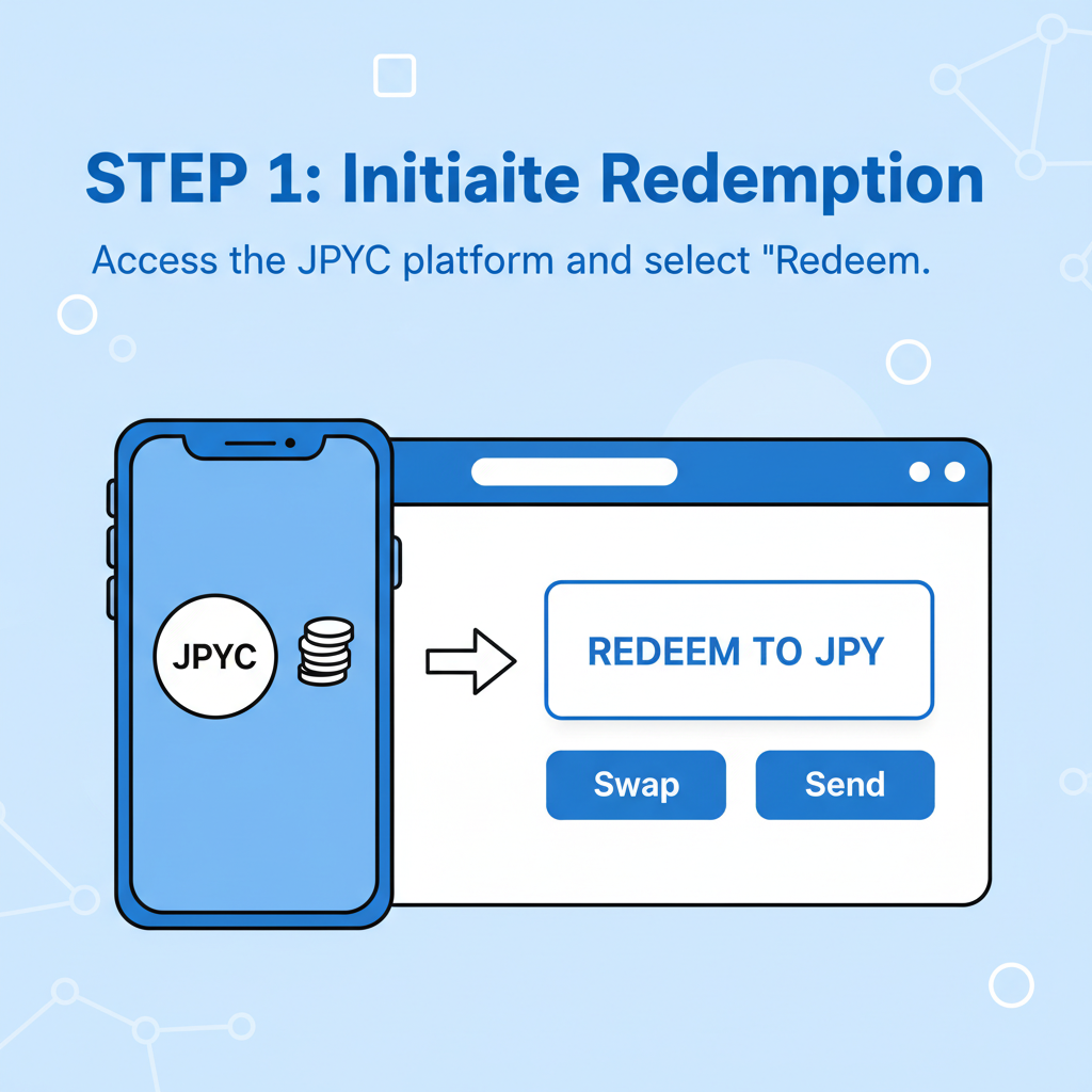 step-by-step graphic of redeeming JPYC stablecoin to Japanese yen bank account