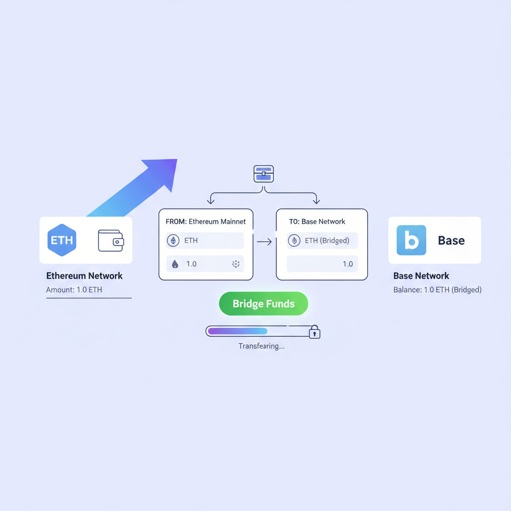 User bridging ETH to Base Chain via official bridge interface, funds transferring, secure crypto graphic