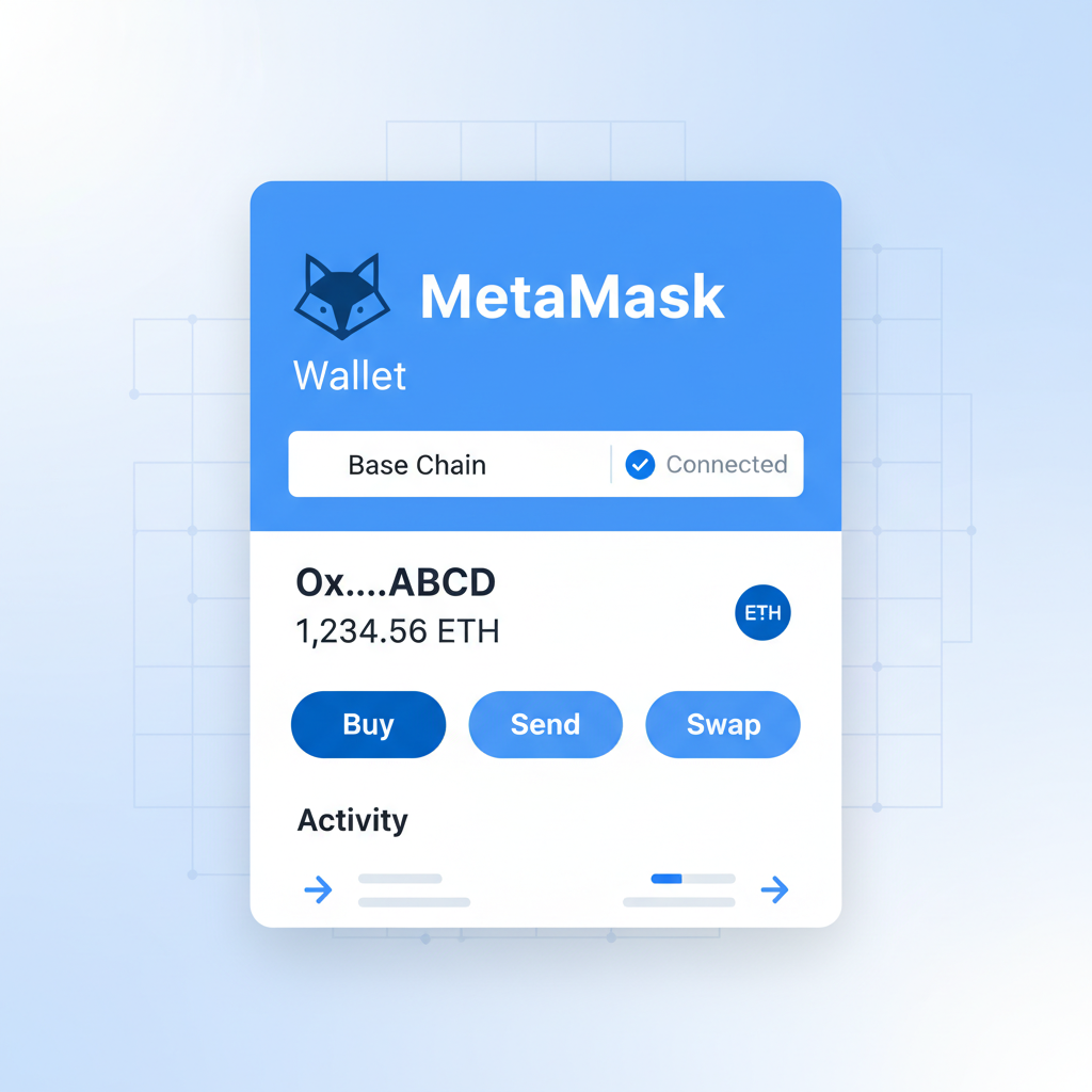 MetaMask wallet interface showing Base Chain network added and connected, clean crypto UI, blue tones