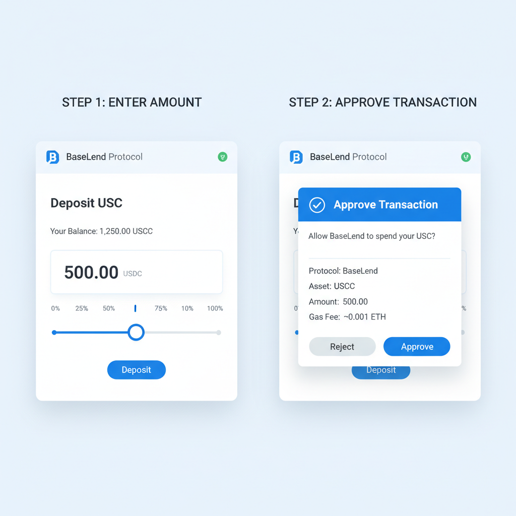 BaseLend deposit interface for USDC pool, slider for amount, approve transaction screen