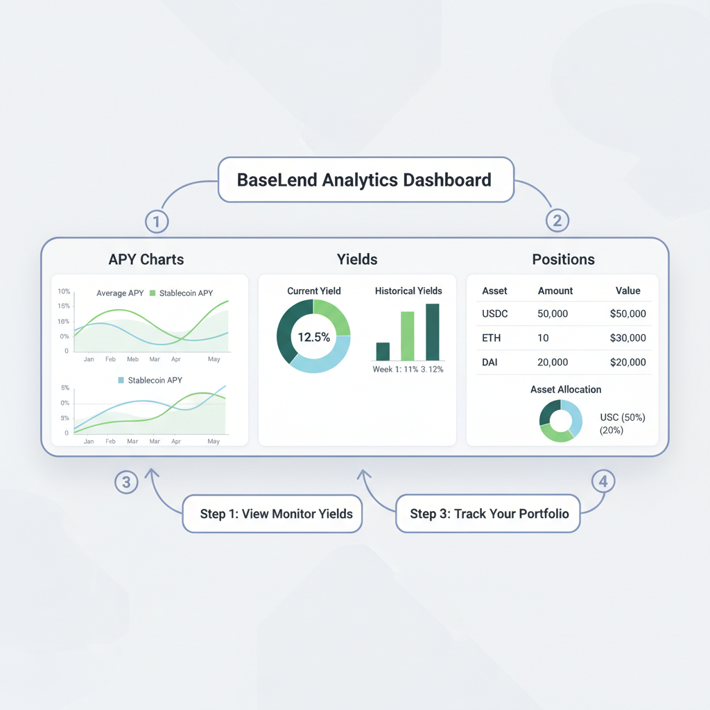 BaseLend analytics dashboard showing APY charts, yields, and positions, data visualization graphs