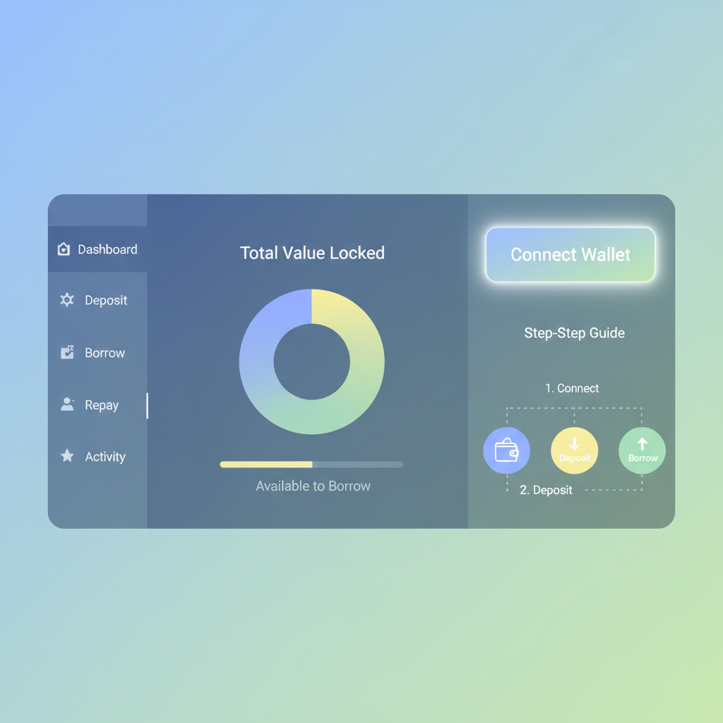 BaseLend dashboard homepage with wallet connect button highlighted, modern DeFi lending UI