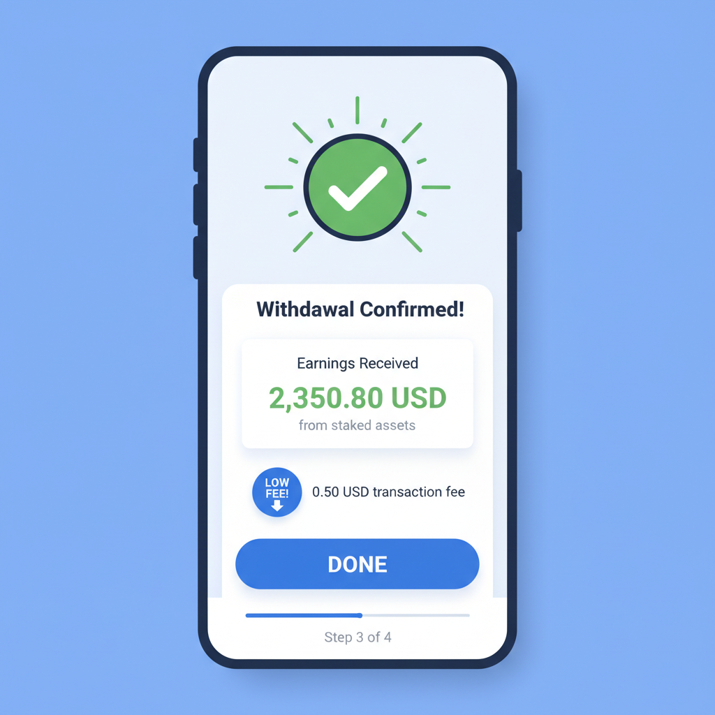 BaseLend withdrawal confirmation screen, earnings displayed, low fee indicator, success animation