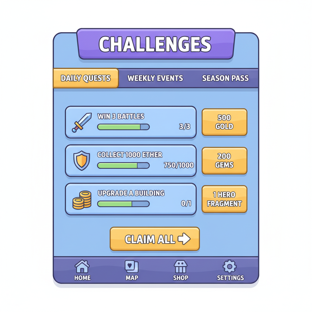 Heroes of Mavia challenge menu screen, daily quests list, rewards highlighted