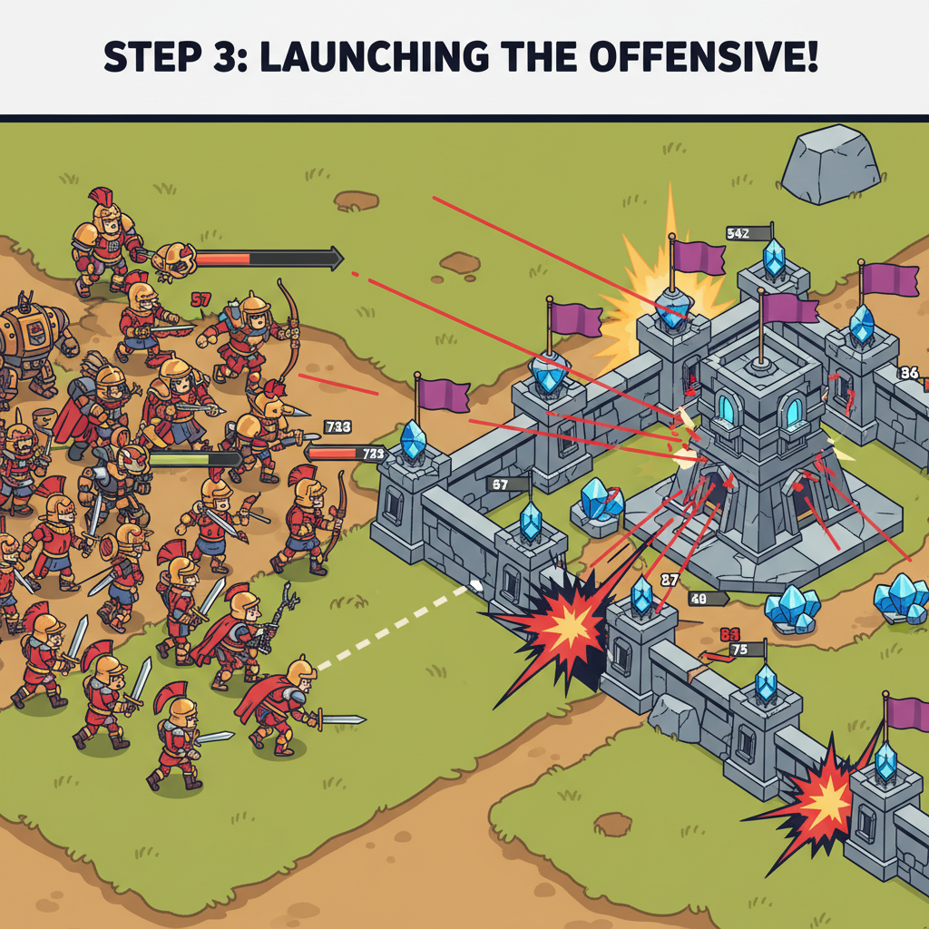 Heroes of Mavia offensive battle scene, troops attacking enemy base, action-packed