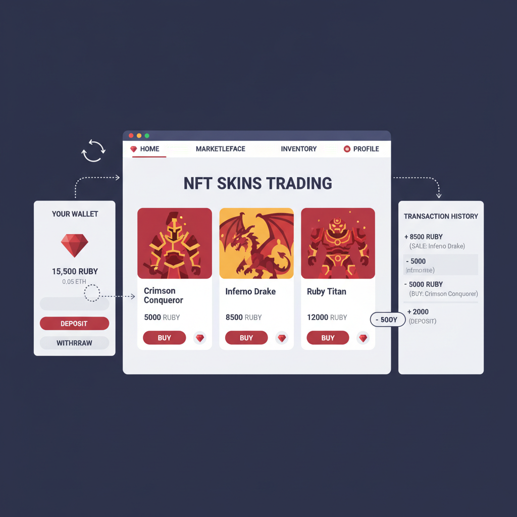 Heroes of Mavia Ruby Marketplace interface, NFT skins trading, ruby transactions