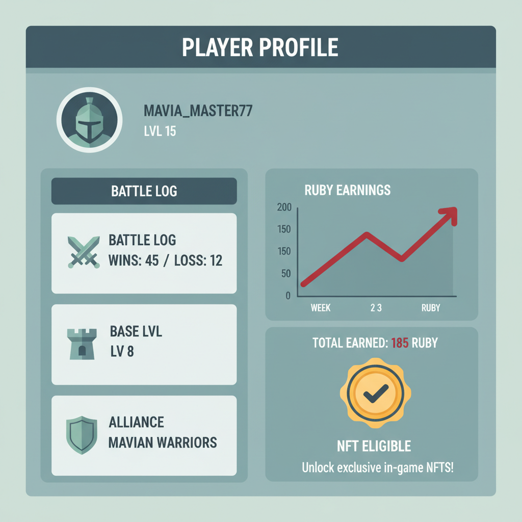 Heroes of Mavia player stats dashboard, Ruby earnings graph, NFT eligibility badge