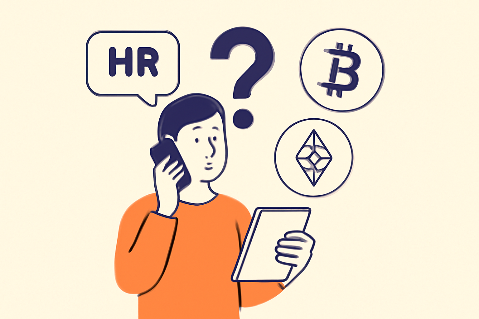 A person on a phone call with HR, holding a notepad, with a question mark and crypto icons in the background