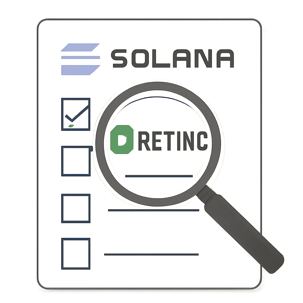 A checklist with Solana and $RETIRE logos, a magnifying glass highlighting the $RETIRE token